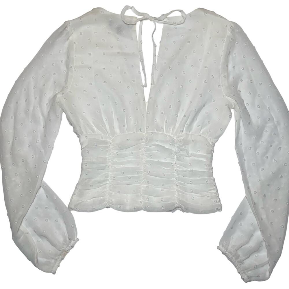 Coquette Swiss Dot Sheer Sleeve Ruched Corset Cottagecore Feminine Ethereal Top - Picture 11 of 12